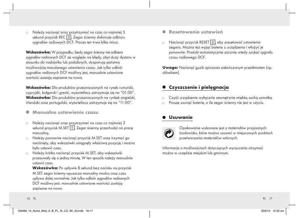 Manualne ustawienie czasu, Resetowanie ustawień, Czyszczenie i pielęgnacja | Usuwanie | Auriol 100489-14-xx User Manual | Page 10 / 34