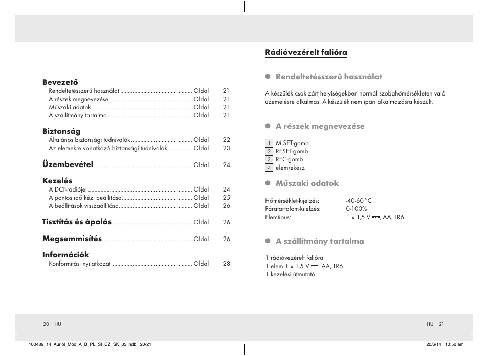 Bevezető, Biztonság, Üzembevétel | Kezelés, Tisztítás és ápolás, Megsemmisítés, Információk, Rádióvezérelt falióra, Rendeltetésszerű használat, A részek megnevezése | Auriol 100489-14-xx User Manual | Page 12 / 34