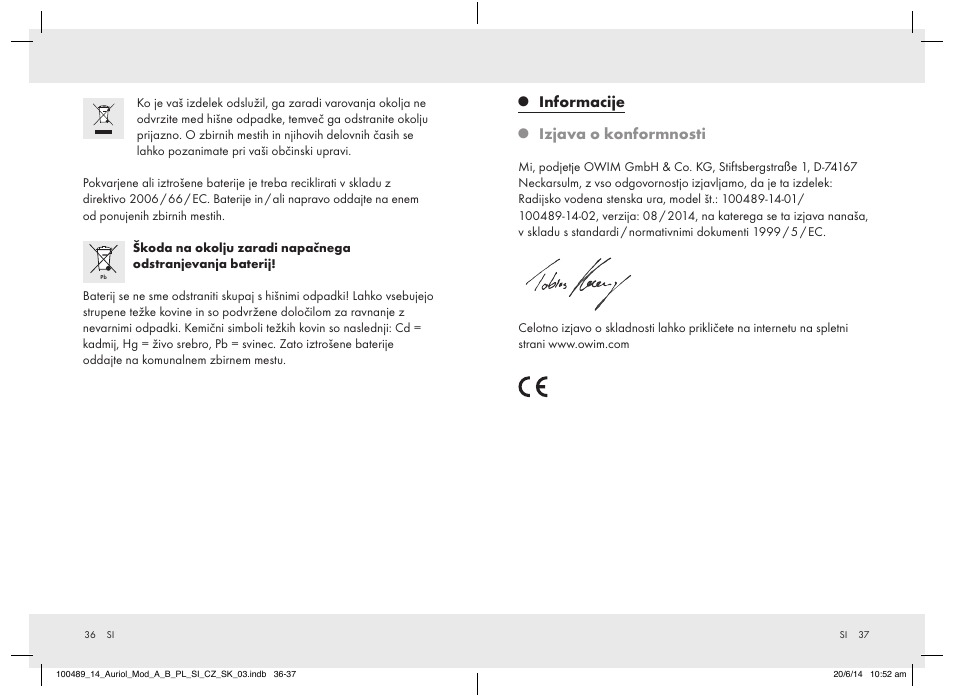 Informacije, Izjava o konformnosti | Auriol 100489-14-xx User Manual | Page 20 / 34