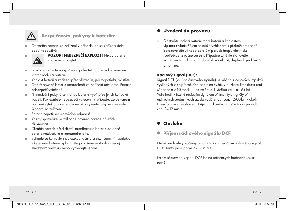 Bezpečnostní pokyny k bateriím, Uvedení do provozu, Obsluha | Příjem rádiového signálu dcf | Auriol 100489-14-xx User Manual | Page 23 / 34