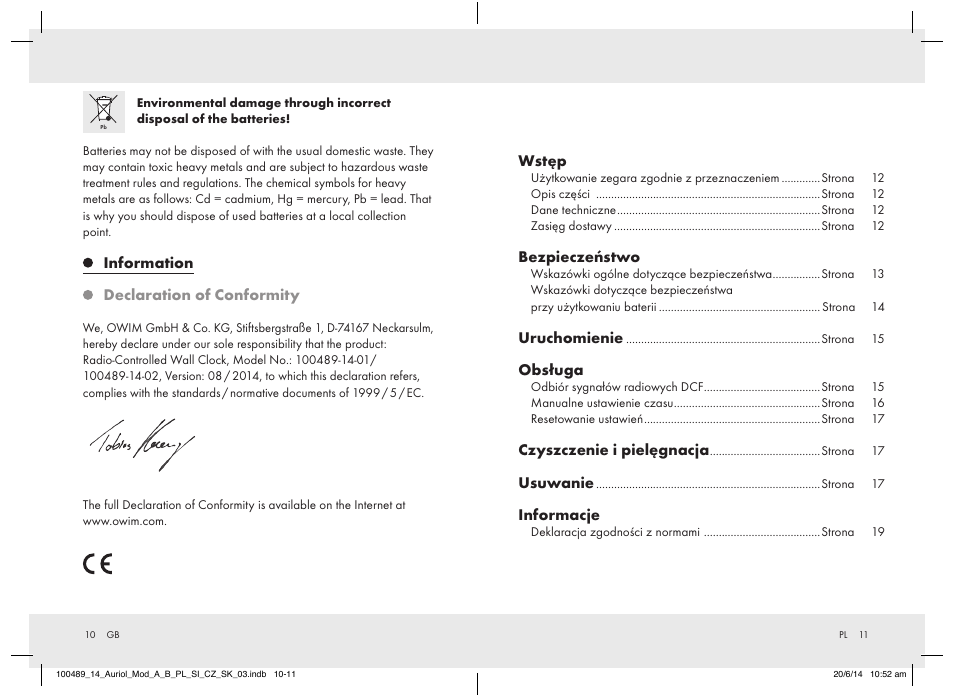 Information declaration of conformity, Wstęp, Bezpieczeństwo | Uruchomienie, Obsługa, Czyszczenie i pielęgnacja, Usuwanie, Informacje | Auriol 100489-14-xx User Manual | Page 7 / 34