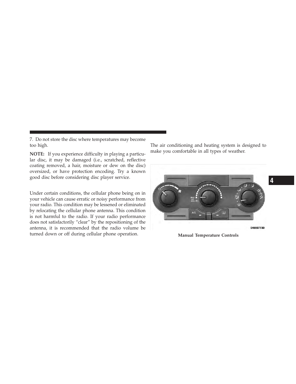 Radio operation and cellular phones, Climate controls, Manual air conditioning and heating system | Manual air conditioning and heating, System | Dodge CHARGER 2010 User Manual | Page 238 / 478