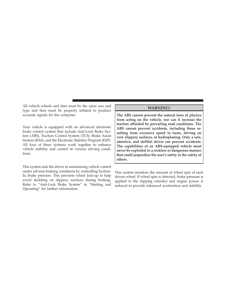 Electronic brake control system, Anti-lock brake system (abs), Traction control system (tcs) | Dodge CHARGER 2010 User Manual | Page 283 / 478