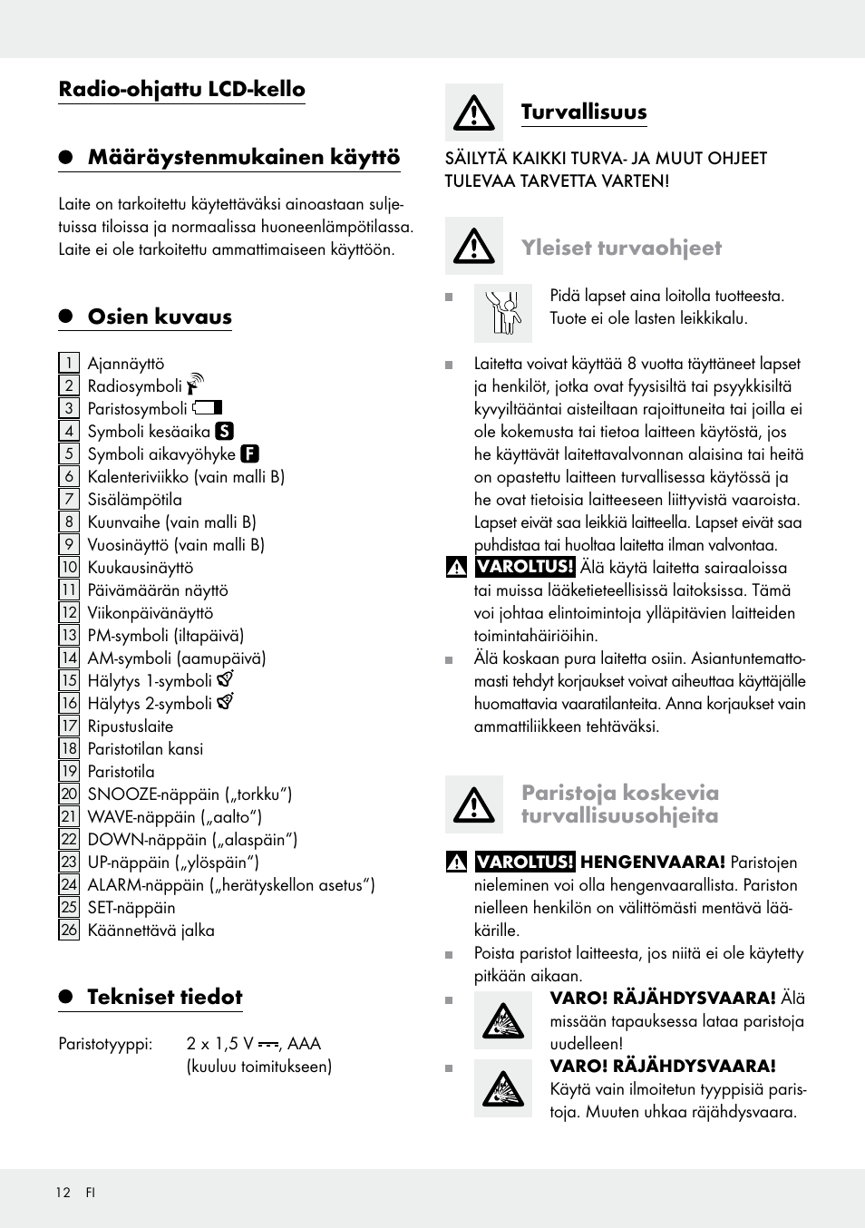 Radio-ohjattu lcd-kello määräystenmukainen käyttö, Osien kuvaus, Tekniset tiedot | Turvallisuus, Yleiset turvaohjeet, Paristoja koskevia turvallisuusohjeita | Auriol Z30237B_C User Manual | Page 12 / 48