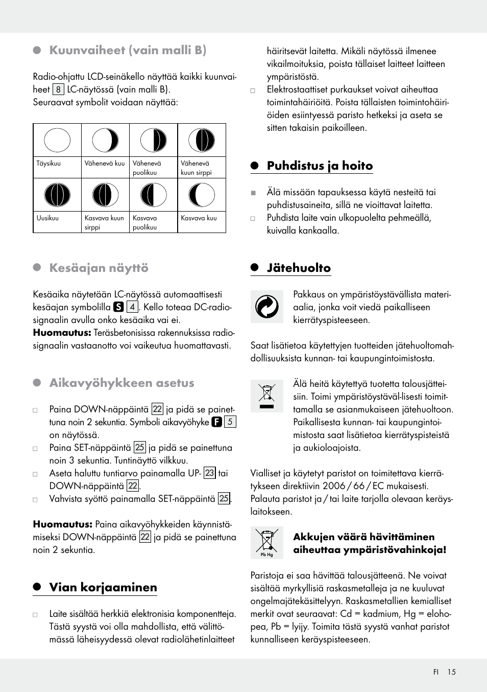 Kuunvaiheet (vain malli b), Kesäajan näyttö, Aikavyöhykkeen asetus | Vian korjaaminen, Puhdistus ja hoito, Jätehuolto | Auriol Z30237B_C User Manual | Page 15 / 48