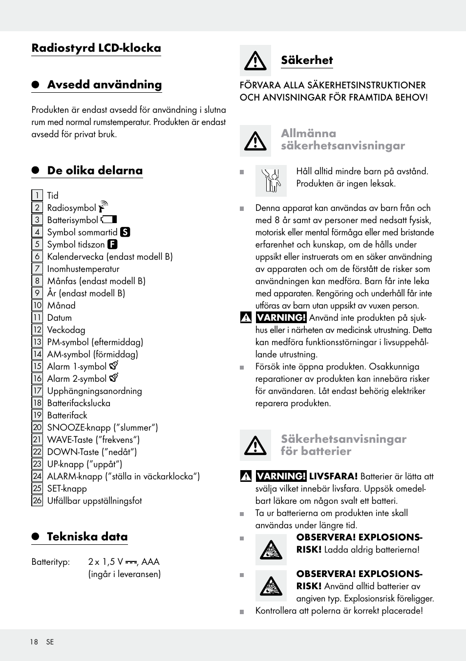 Radiostyrd lcd-klocka avsedd användning, De olika delarna, Tekniska data | Säkerhet, Allmänna säkerhetsanvisningar, Säkerhetsanvisningar för batterier | Auriol Z30237B_C User Manual | Page 18 / 48