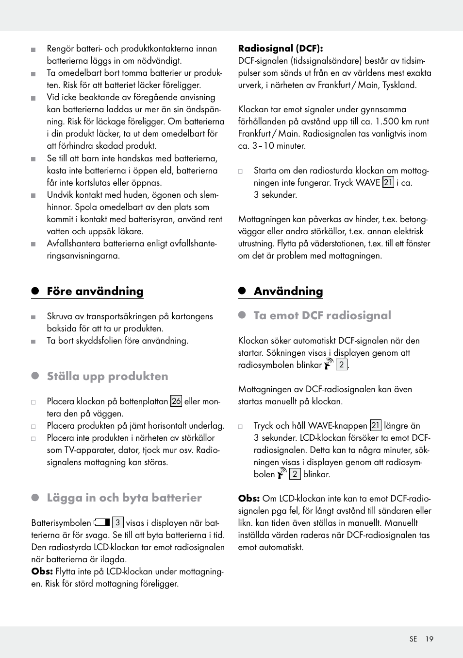 Före användning, Ställa upp produkten, Lägga in och byta batterier | Användning, Ta emot dcf radiosignal | Auriol Z30237B_C User Manual | Page 19 / 48