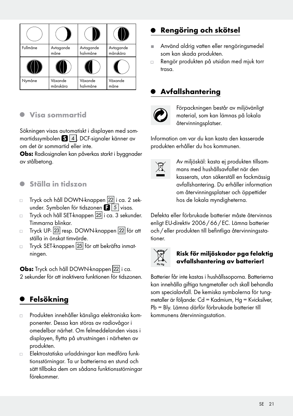 Visa sommartid, Ställa in tidszon, Felsökning | Rengöring och skötsel, Avfallshantering | Auriol Z30237B_C User Manual | Page 21 / 48