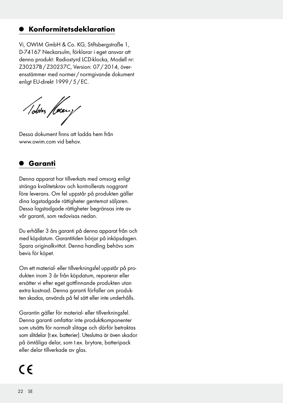 Konformitetsdeklaration, Garanti | Auriol Z30237B_C User Manual | Page 22 / 48