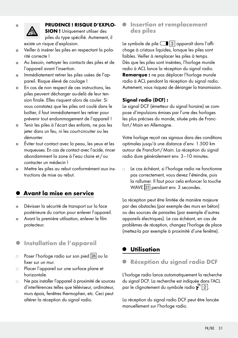 Avant la mise en service, Installation de l’appareil, Insertion et remplacement des piles | Utilisation, Réception du signal radio dcf | Auriol Z30237B_C User Manual | Page 31 / 48