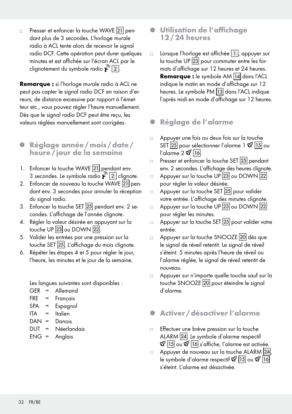 Utilisation de l’affichage 12 / 24 heures, Réglage de l’alarme, Activer / désactiver l’alarme | Auriol Z30237B_C User Manual | Page 32 / 48