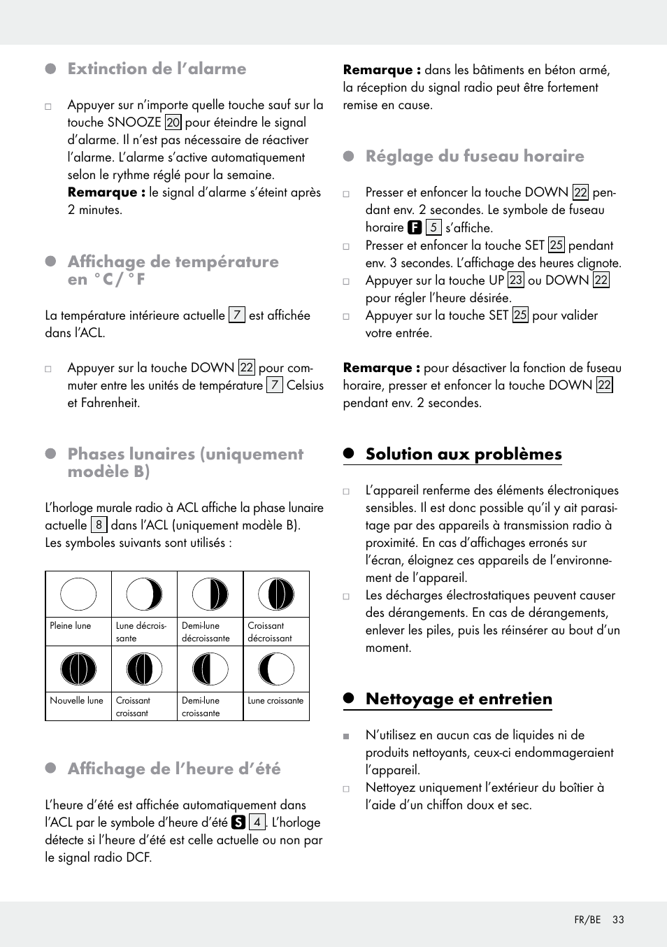 Extinction de l’alarme, Affichage de température en °c / °f, Phases lunaires (uniquement modèle b) | Affichage de l’heure d’été, Réglage du fuseau horaire, Solution aux problèmes, Nettoyage et entretien | Auriol Z30237B_C User Manual | Page 33 / 48