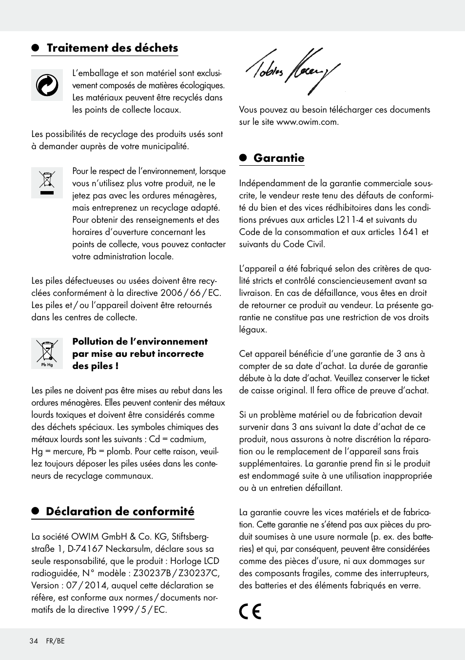 Traitement des déchets, Déclaration de conformité, Garantie | Auriol Z30237B_C User Manual | Page 34 / 48