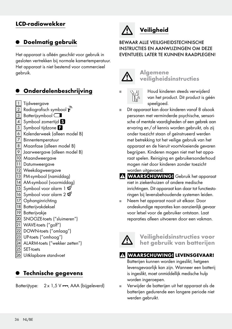 Lcd-radiowekker doelmatig gebruik, Onderdelenbeschrijving, Technische gegevens | Veiligheid, Algemene veiligheidsinstructies | Auriol Z30237B_C User Manual | Page 36 / 48