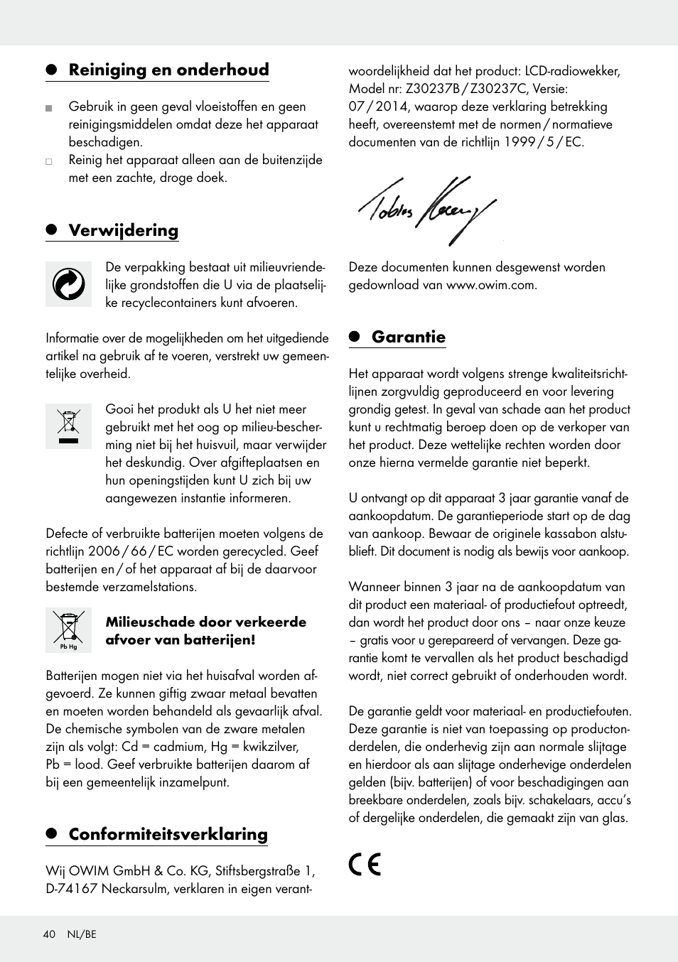 Reiniging en onderhoud, Verwijdering, Conformiteitsverklaring | Garantie | Auriol Z30237B_C User Manual | Page 40 / 48