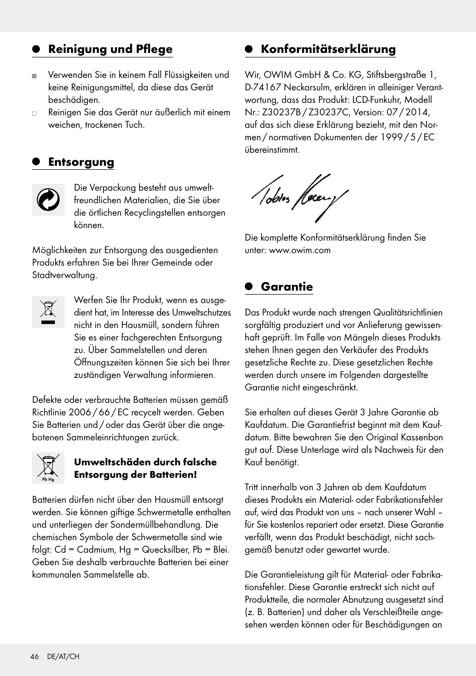 Reinigung und pflege, Entsorgung, Konformitätserklärung | Garantie | Auriol Z30237B_C User Manual | Page 46 / 48