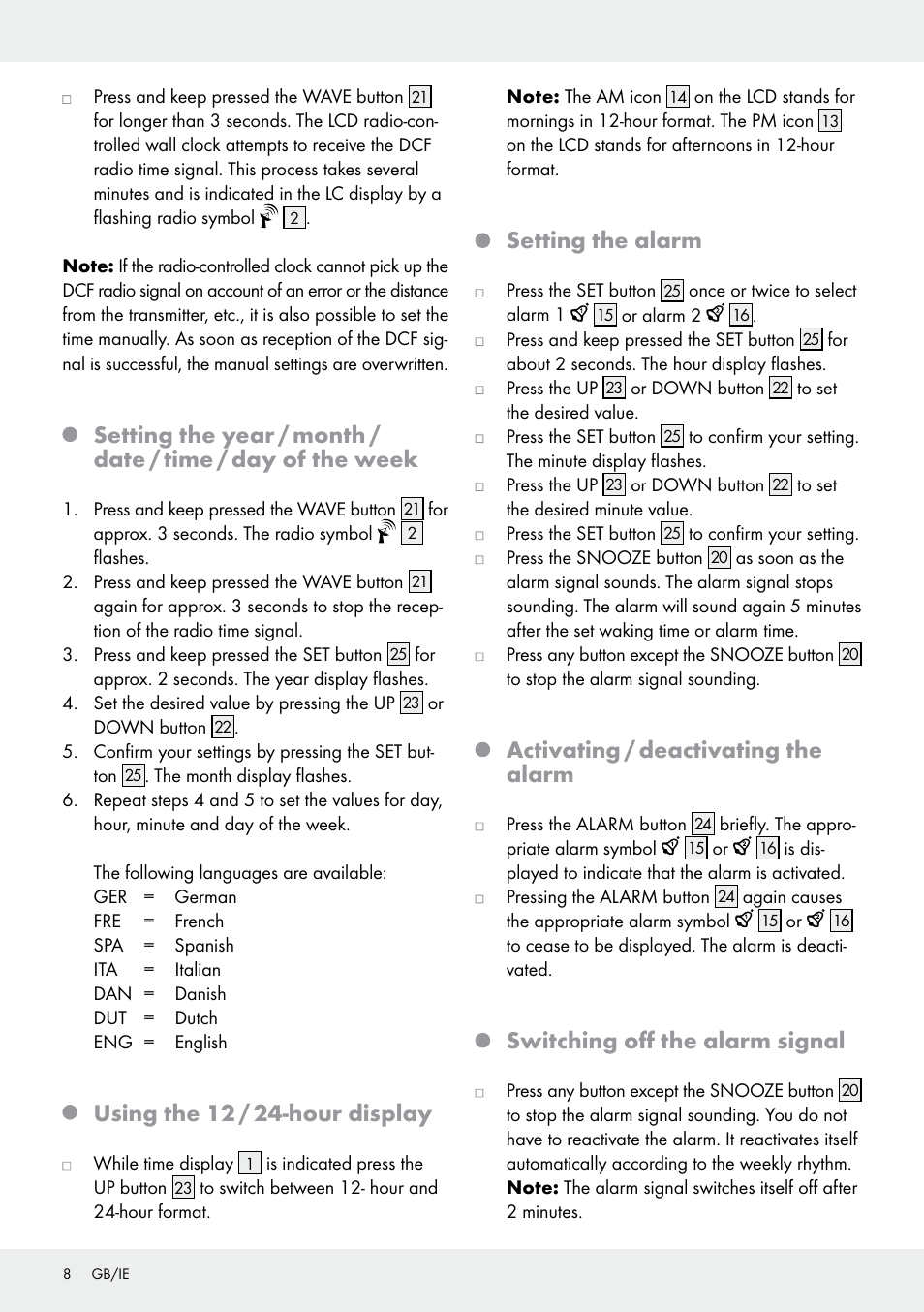 Using the 12 / 24-hour display, Setting the alarm, Activating / deactivating the alarm | Switching off the alarm signal | Auriol Z30237B_C User Manual | Page 8 / 48