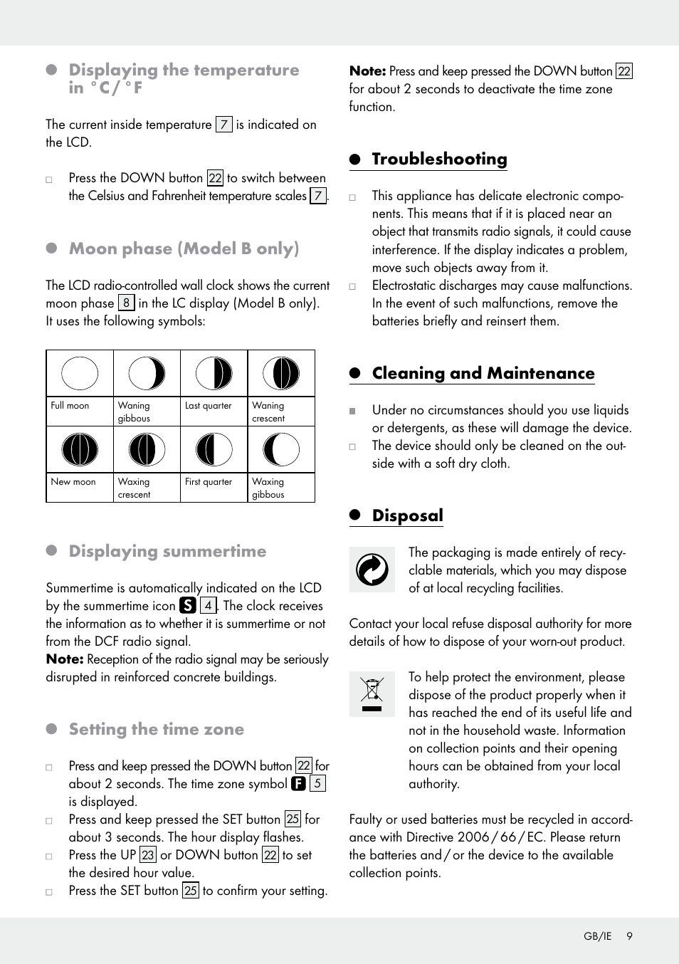 Displaying the temperature in °c / °f, Moon phase (model b only), Displaying summertime | Setting the time zone, Troubleshooting, Cleaning and maintenance, Disposal | Auriol Z30237B_C User Manual | Page 9 / 48