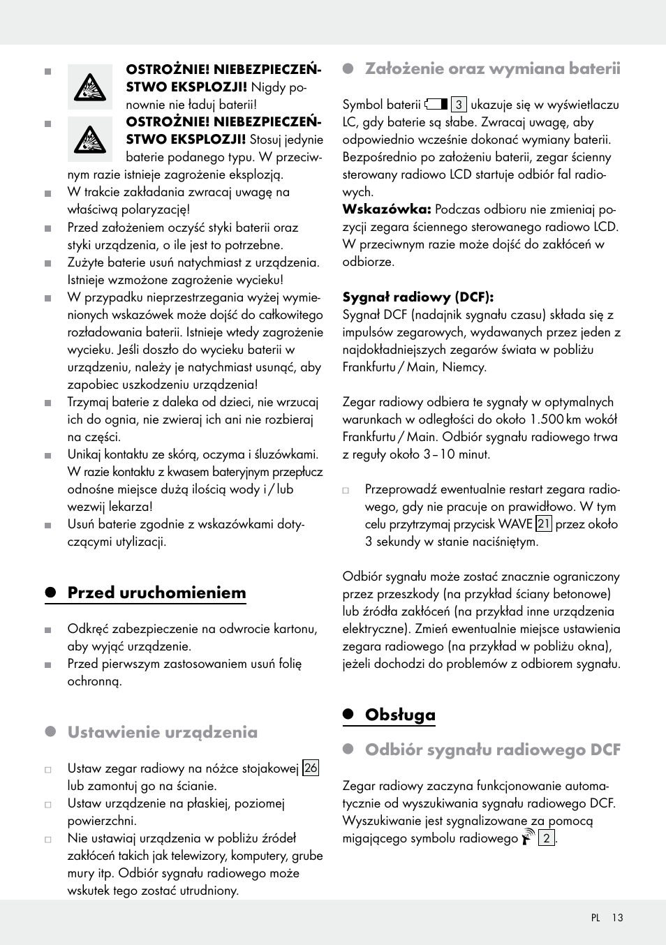 Przed uruchomieniem, Ustawienie urządzenia, Założenie oraz wymiana baterii | Obsługa, Odbiór sygnału radiowego dcf | Auriol Z30237B_C User Manual | Page 13 / 49
