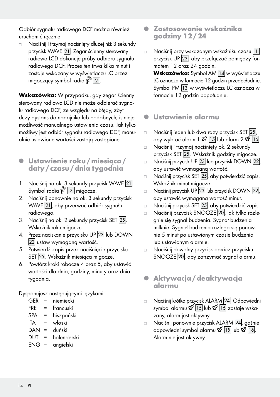 Zastosowanie wskaźnika godziny 12 / 24, Ustawienie alarmu, Aktywacja / deaktywacja alarmu | Auriol Z30237B_C User Manual | Page 14 / 49