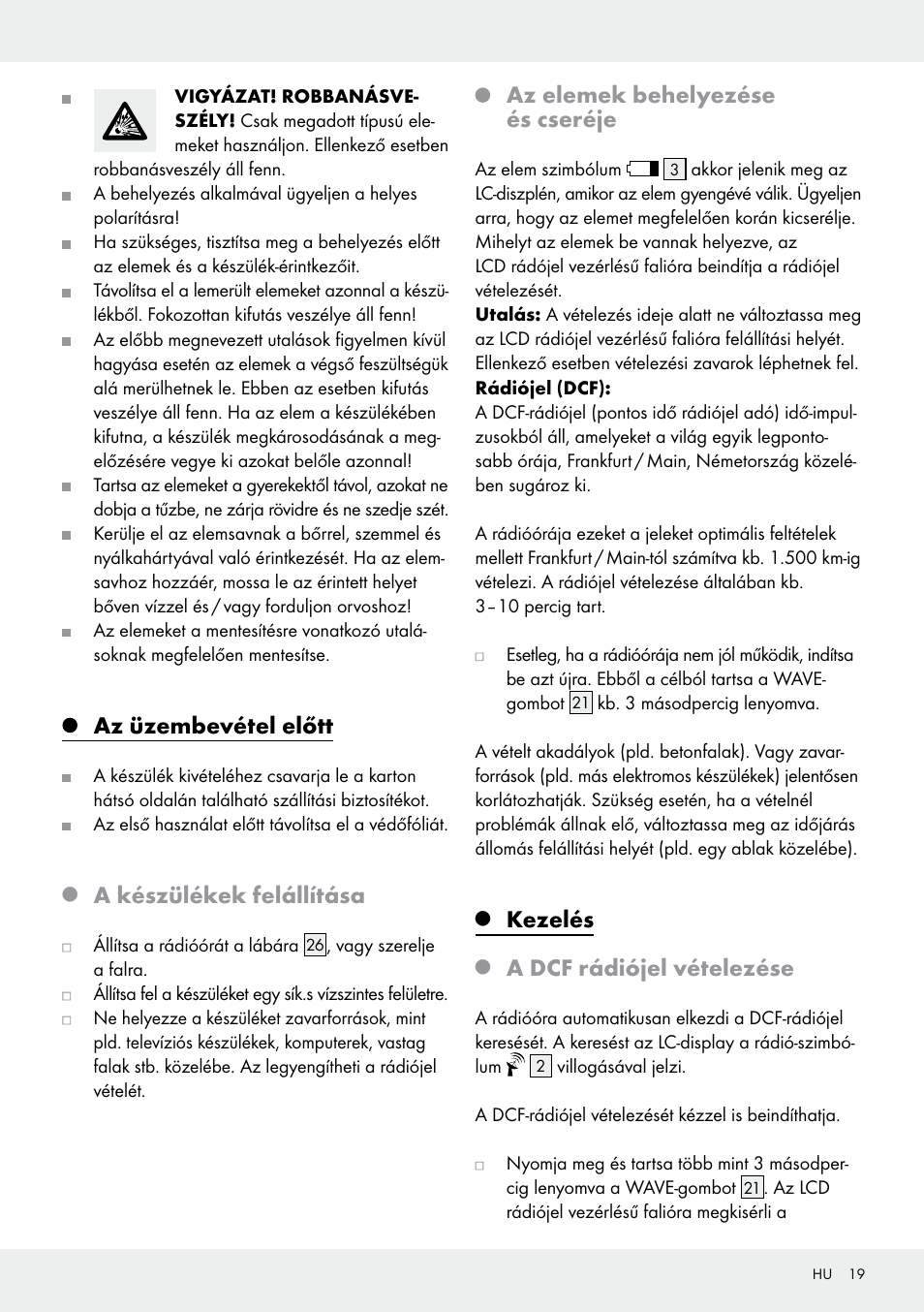 Az üzembevétel előtt, A készülékek felállítása, Az elemek behelyezése és cseréje | Kezelés, A dcf rádiójel vételezése | Auriol Z30237B_C User Manual | Page 19 / 49