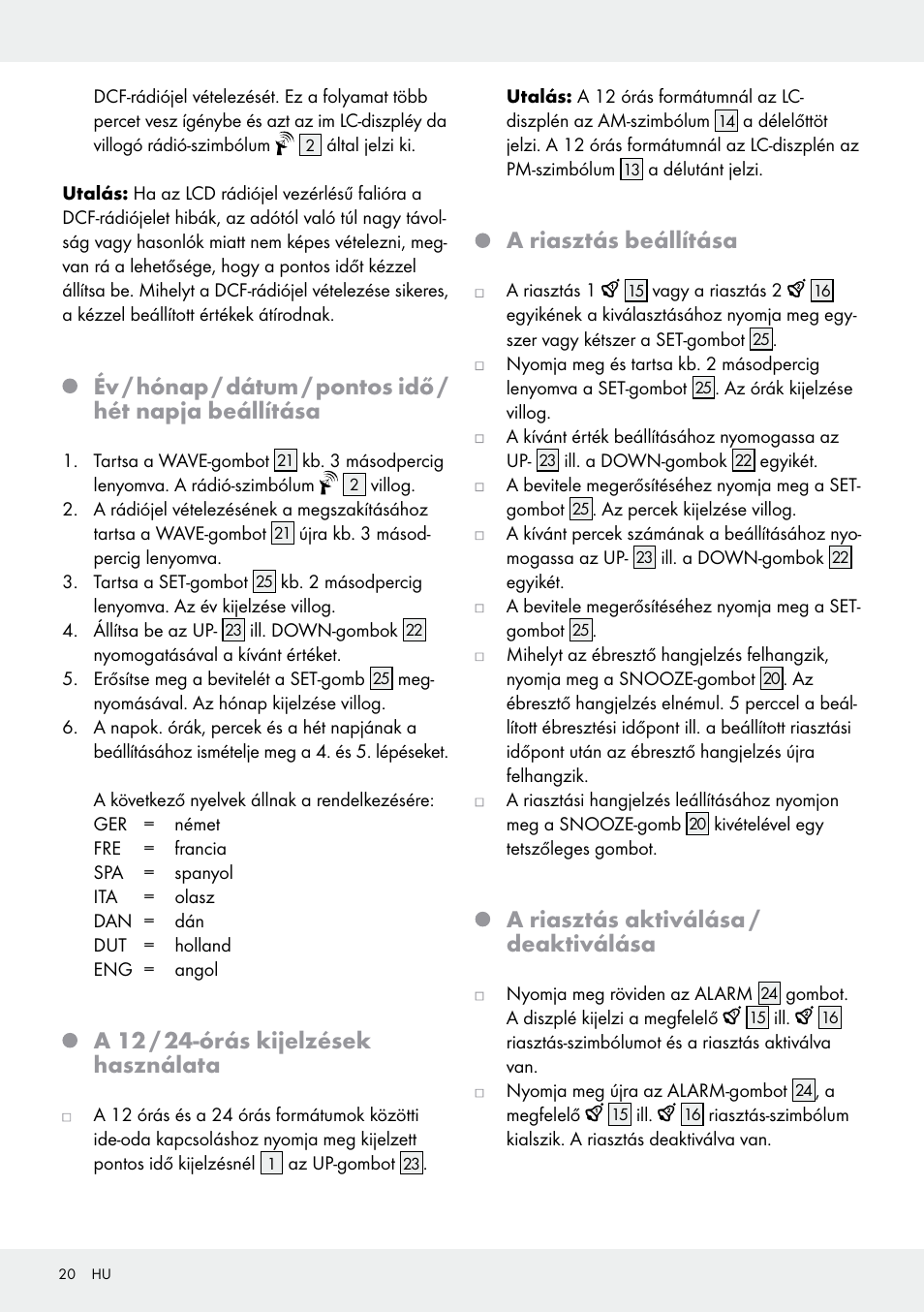 A 12 / 24-órás kijelzések használata, A riasztás beállítása, A riasztás aktiválása / deaktiválása | Auriol Z30237B_C User Manual | Page 20 / 49