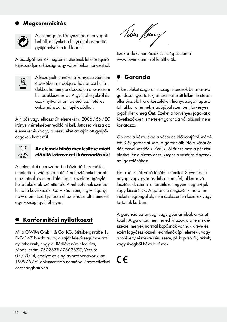 Megsemmisítés, Konformitási nyilatkozat, Garancia | Auriol Z30237B_C User Manual | Page 22 / 49
