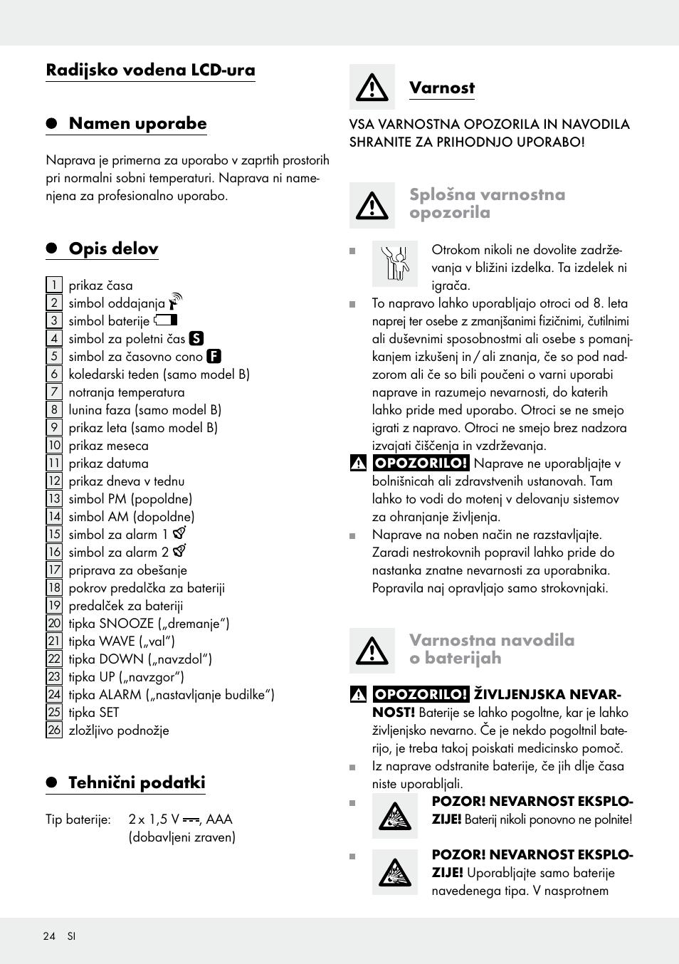 Radijsko vodena lcd-ura namen uporabe, Opis delov, Tehnični podatki | Varnost, Splošna varnostna opozorila, Varnostna navodila o baterijah | Auriol Z30237B_C User Manual | Page 24 / 49
