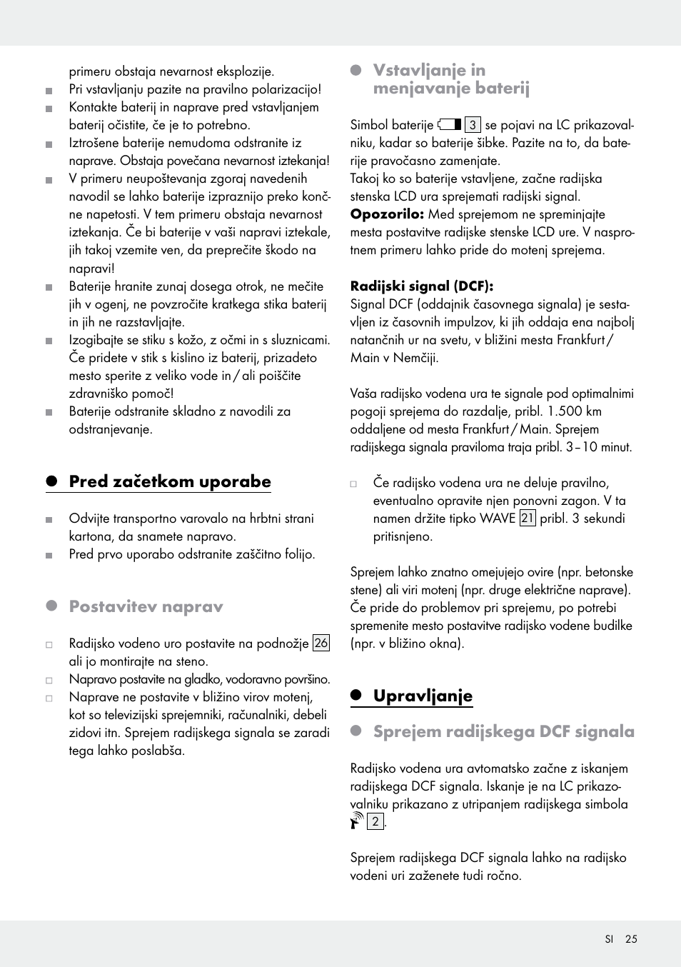 Pred začetkom uporabe, Postavitev naprav, Vstavljanje in menjavanje baterij | Upravljanje, Sprejem radijskega dcf signala | Auriol Z30237B_C User Manual | Page 25 / 49