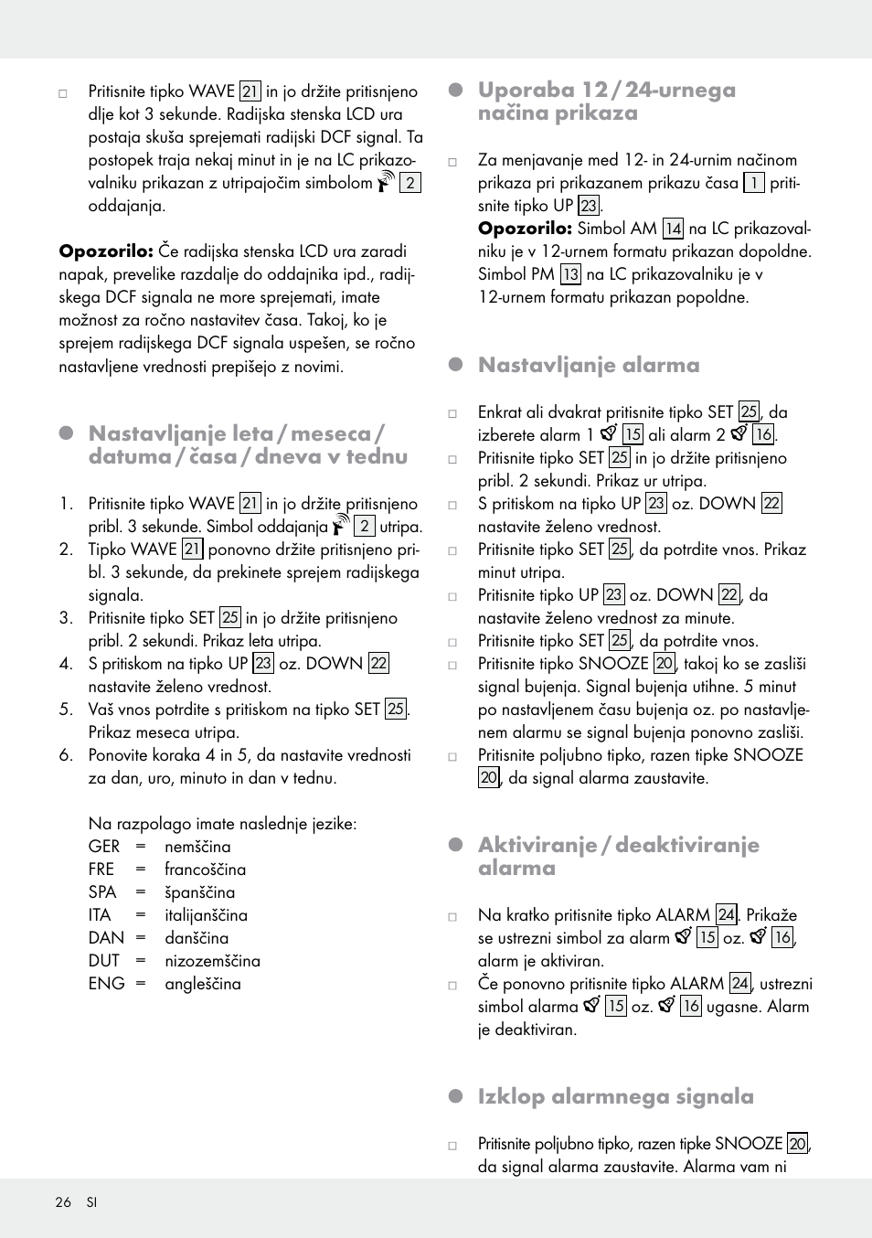 Uporaba 12 / 24-urnega načina prikaza, Nastavljanje alarma, Aktiviranje / deaktiviranje alarma | Izklop alarmnega signala | Auriol Z30237B_C User Manual | Page 26 / 49