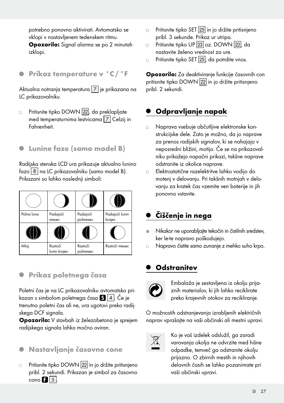 Prikaz temperature v °c / °f, Lunine faze (samo model b), Prikaz poletnega časa | Nastavljanje časovne cone, Odpravljanje napak, Čiščenje in nega, Odstranitev | Auriol Z30237B_C User Manual | Page 27 / 49