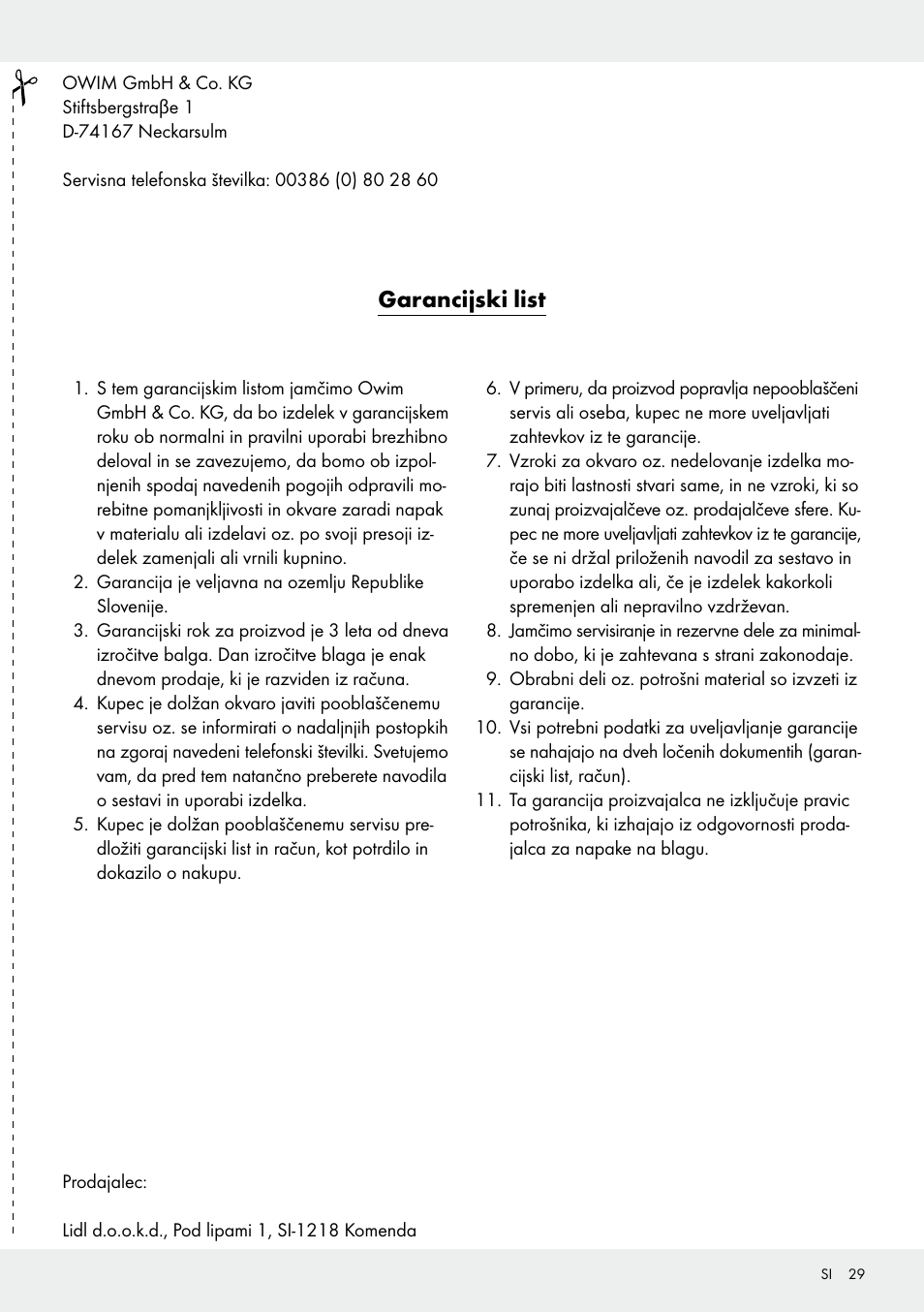 Garancijski list | Auriol Z30237B_C User Manual | Page 29 / 49