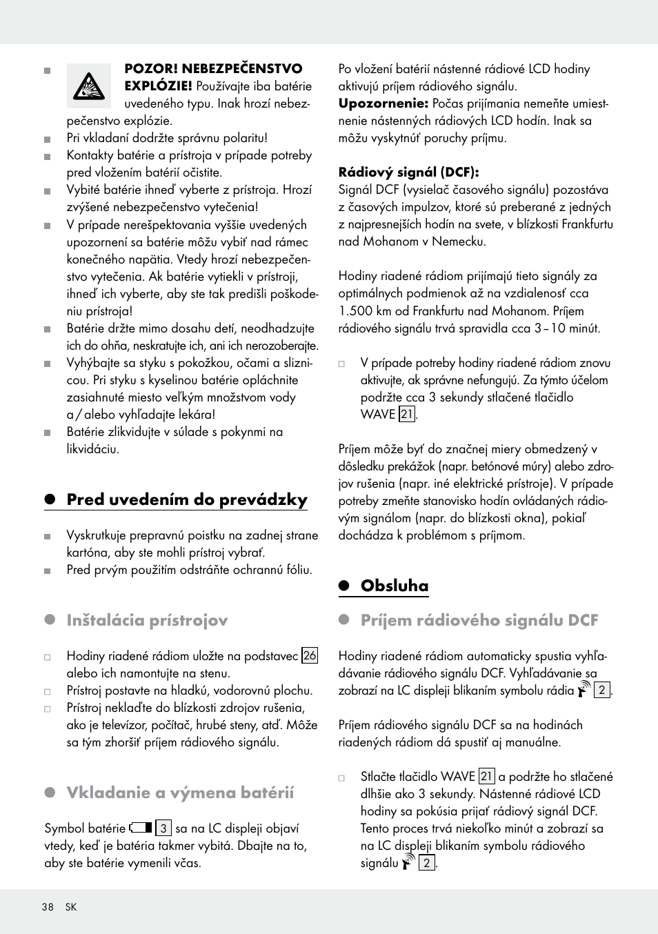 Pred uvedením do prevádzky, Inštalácia prístrojov, Vkladanie a výmena batérií | Obsluha, Príjem rádiového signálu dcf | Auriol Z30237B_C User Manual | Page 38 / 49