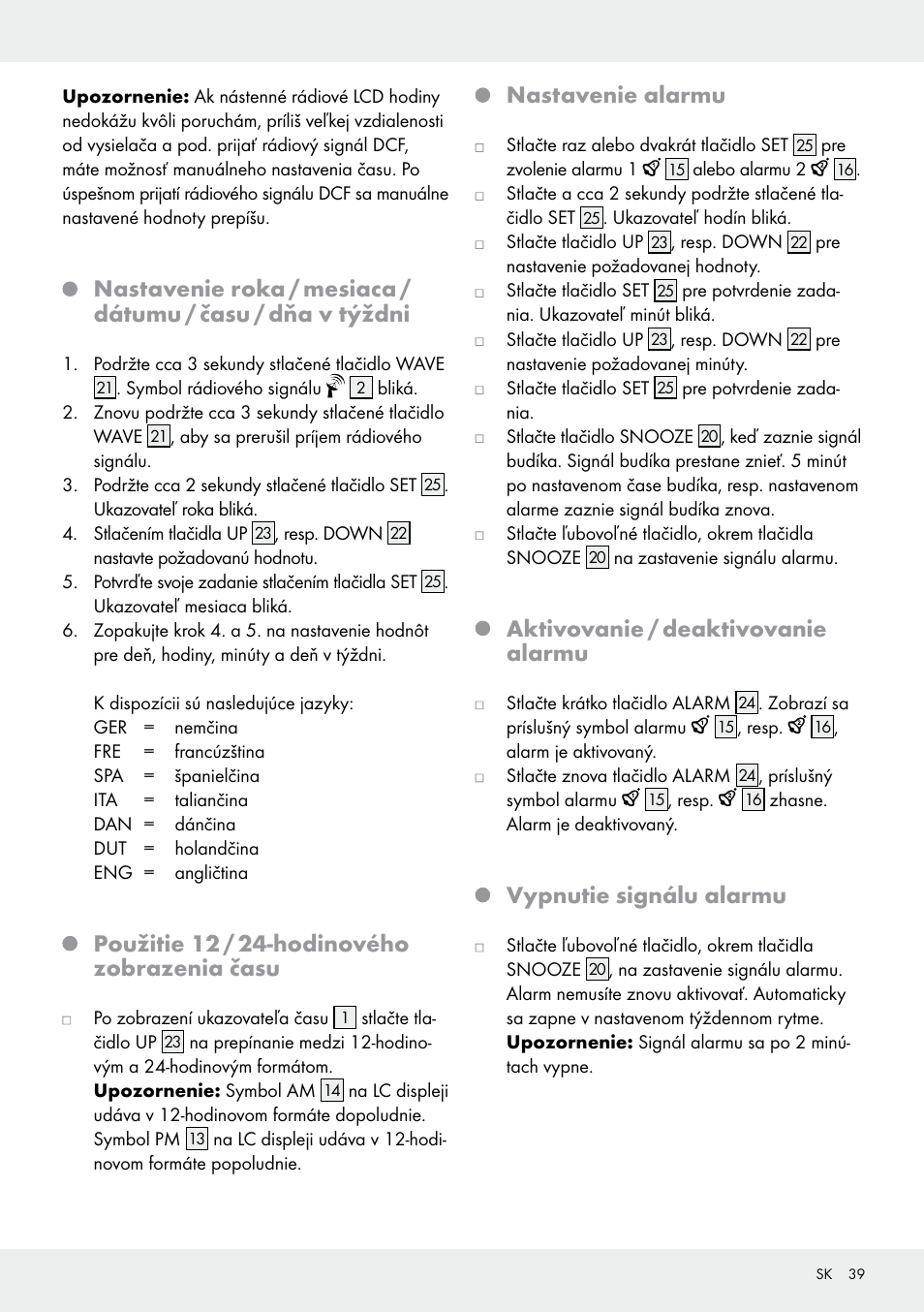Použitie 12 / 24-hodinového zobrazenia času, Nastavenie alarmu, Aktivovanie / deaktivovanie alarmu | Vypnutie signálu alarmu | Auriol Z30237B_C User Manual | Page 39 / 49
