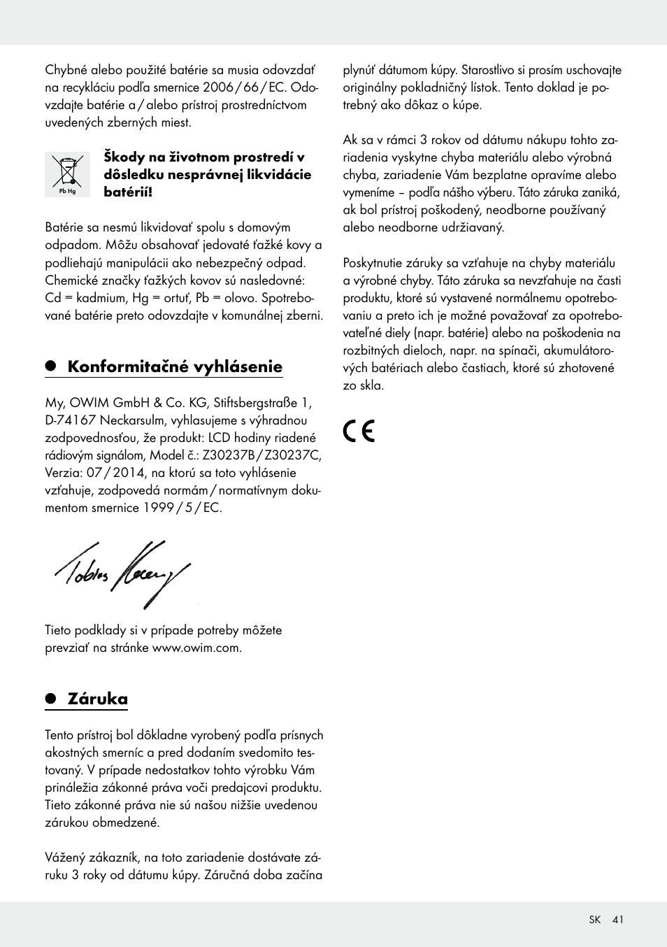 Konformitačné vyhlásenie, Záruka | Auriol Z30237B_C User Manual | Page 41 / 49