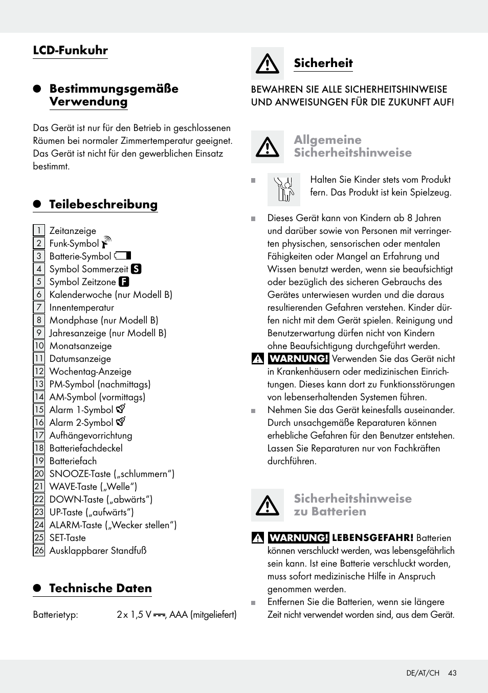 Lcd-funkuhr bestimmungsgemäße verwendung, Teilebeschreibung, Technische daten | Sicherheit, Allgemeine sicherheitshinweise, Sicherheitshinweise zu batterien | Auriol Z30237B_C User Manual | Page 43 / 49