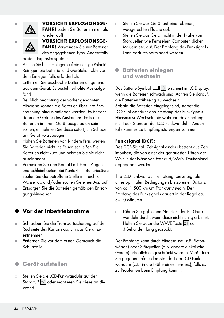 Vor der inbetriebnahme, Gerät aufstellen, Batterien einlegen und wechseln | Auriol Z30237B_C User Manual | Page 44 / 49