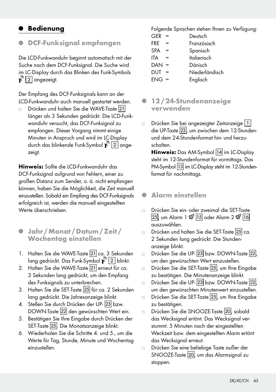 Bedienung dcf-funksignal empfangen, Jahr / monat / datum / zeit / wochentag einstellen, 12 / 24-stundenanzeige verwenden | Alarm einstellen | Auriol Z30237B_C User Manual | Page 45 / 49