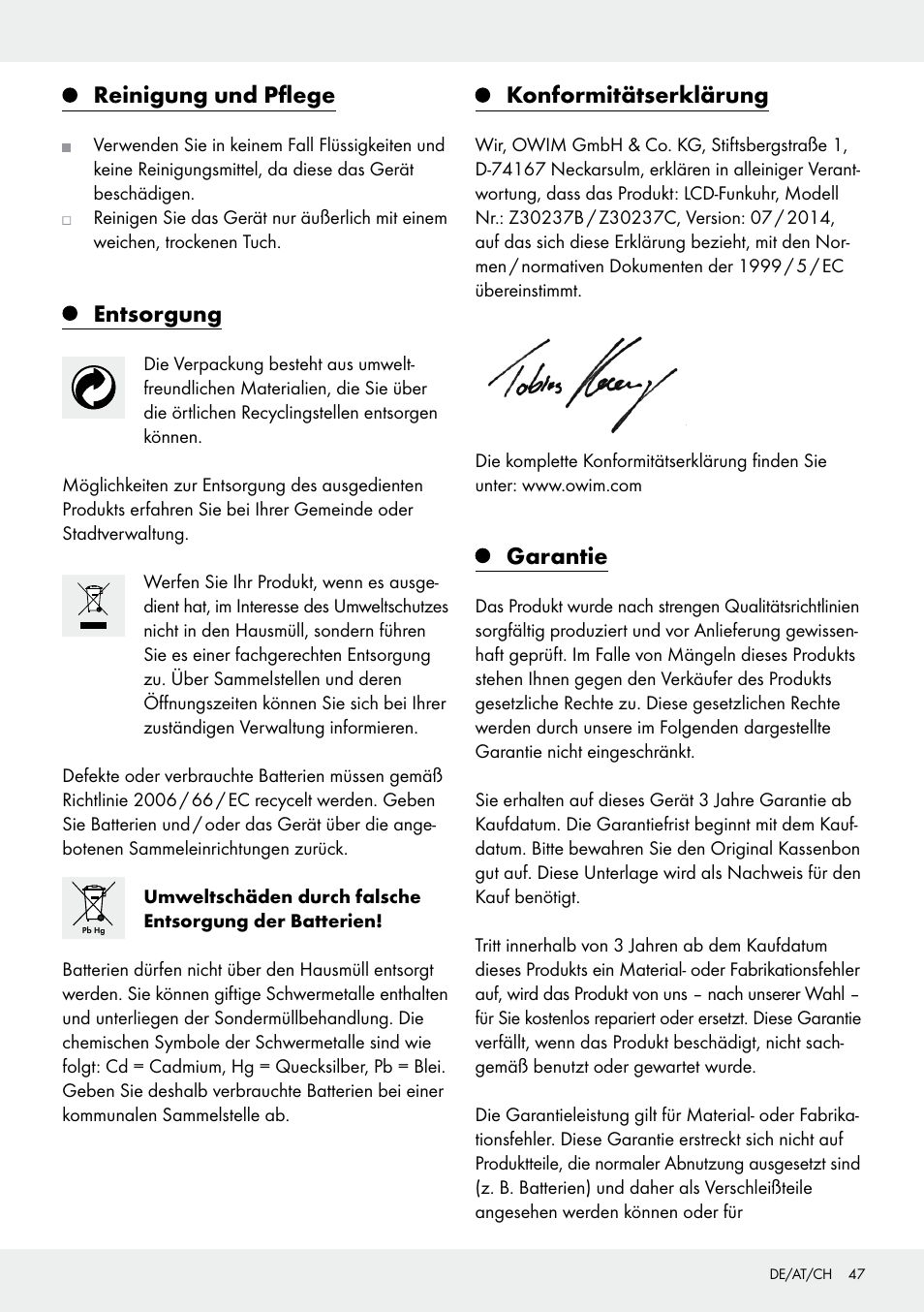 Reinigung und pflege, Entsorgung, Konformitätserklärung | Garantie | Auriol Z30237B_C User Manual | Page 47 / 49