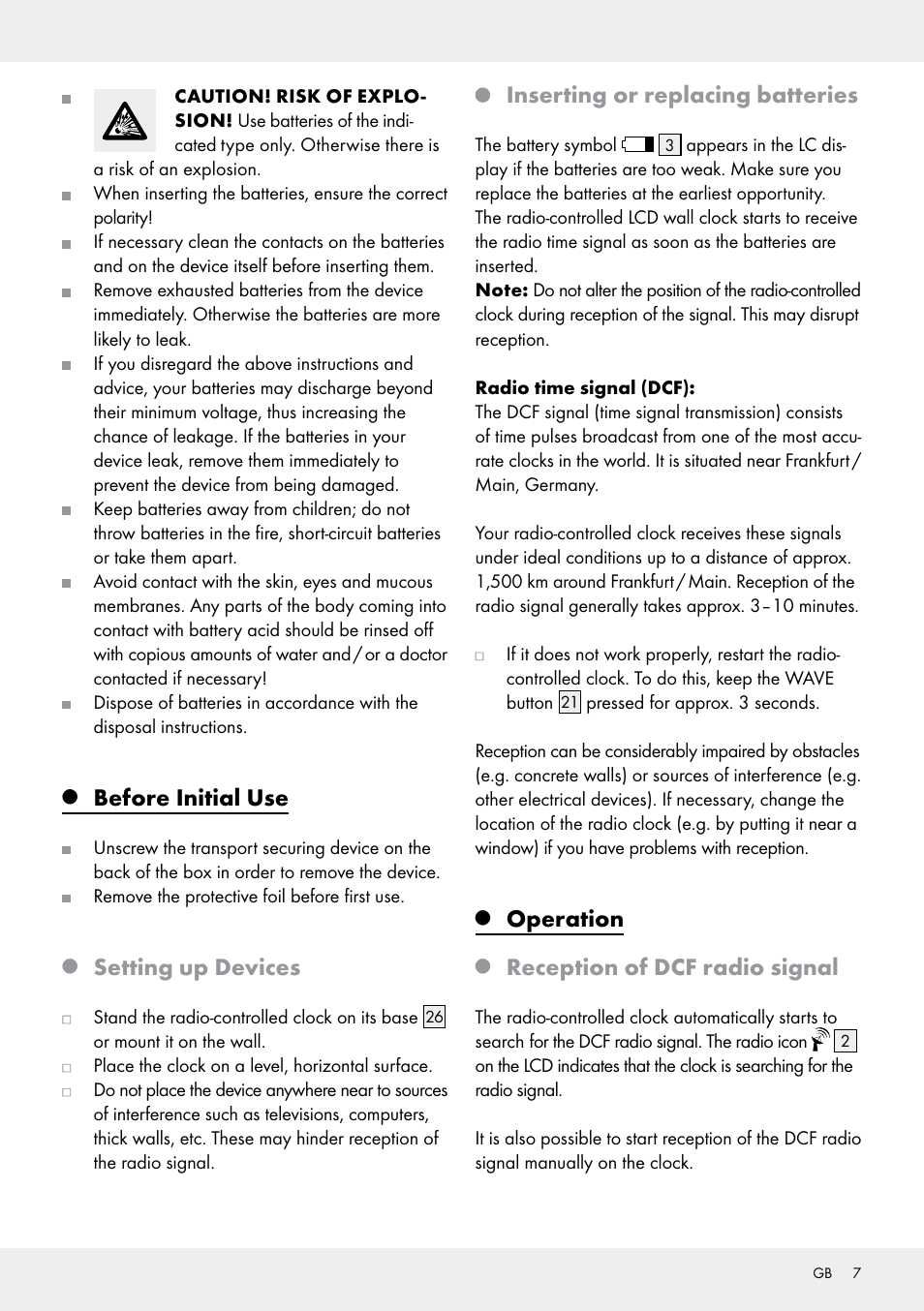 Before initial use, Setting up devices, Inserting or replacing batteries | Operation, Reception of dcf radio signal | Auriol Z30237B_C User Manual | Page 7 / 49