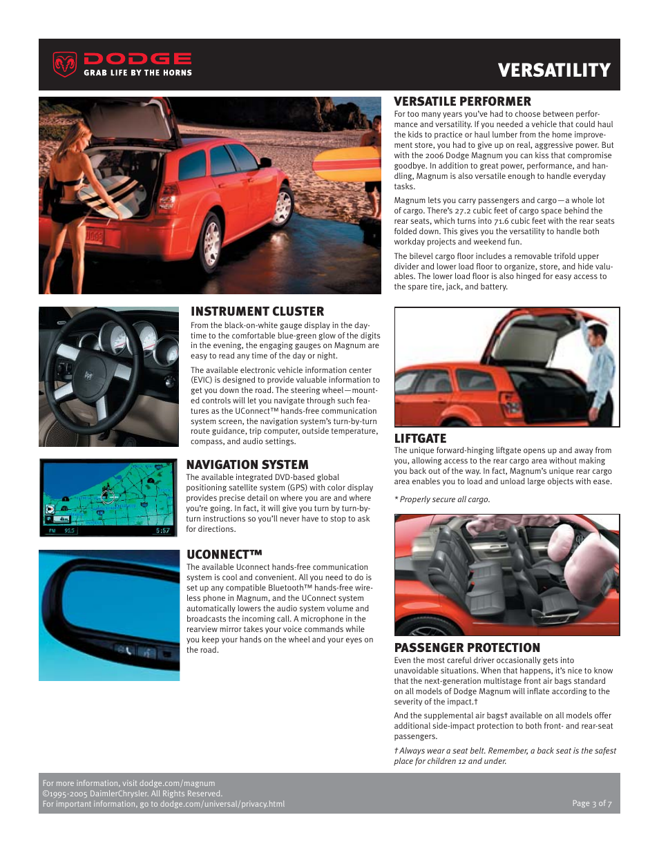 Versatility, Versatile performer, Liftgate | Navigation system, Instrument cluster, Passenger protection, Uconnect | Dodge 2006 Magnum User Manual | Page 3 / 7