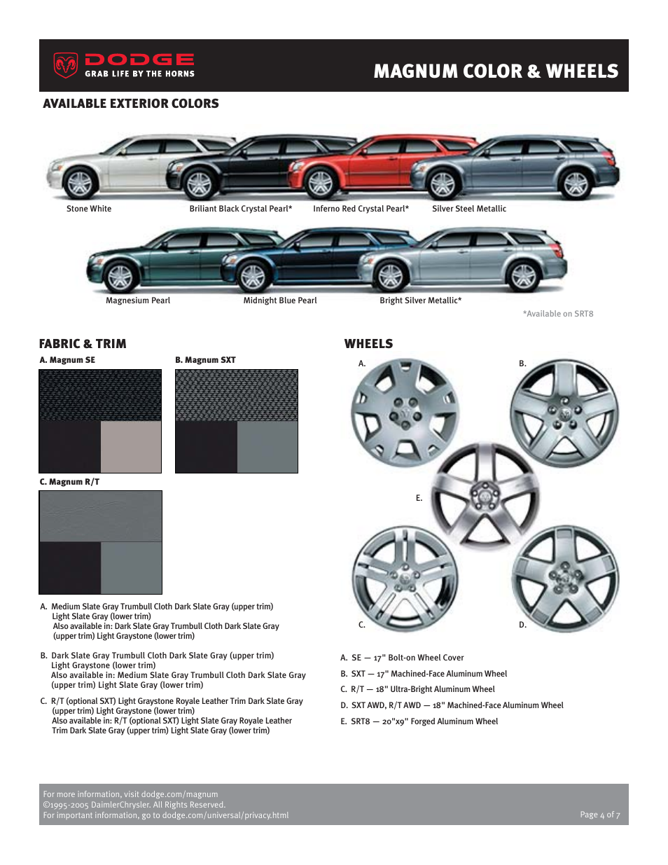 Magnum color & wheels, Fabric & trim, Wheels | Available exterior colors | Dodge 2006 Magnum User Manual | Page 4 / 7