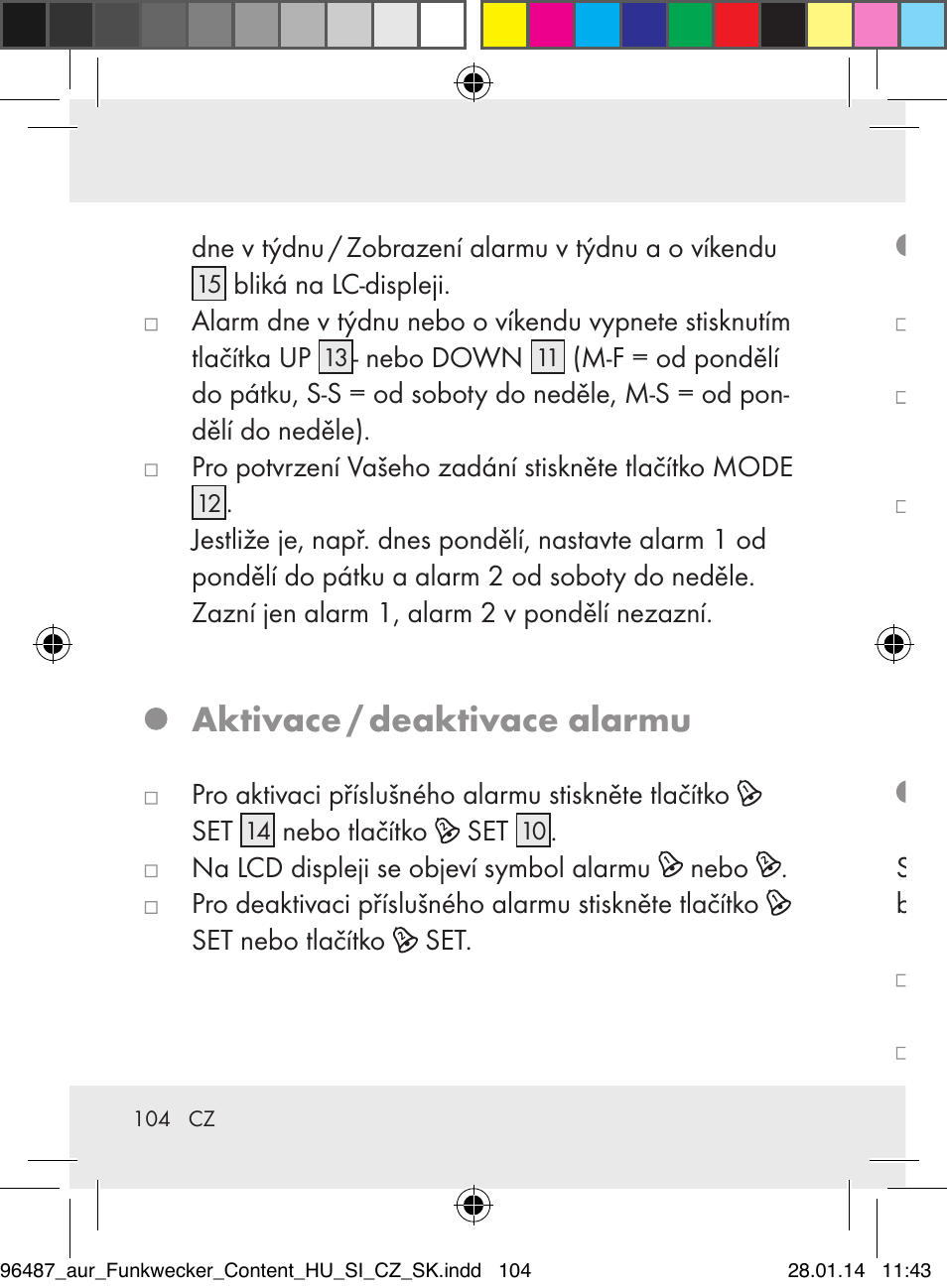 Aktivace / deaktivace alarmu, Použití tlačítka snooze / light, Výměna baterií | Auriol Z31961 User Manual | Page 104 / 153