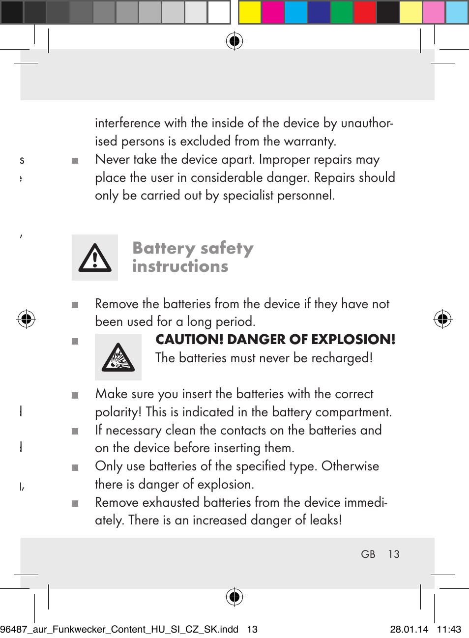 Battery safety instructions | Auriol Z31961 User Manual | Page 13 / 153