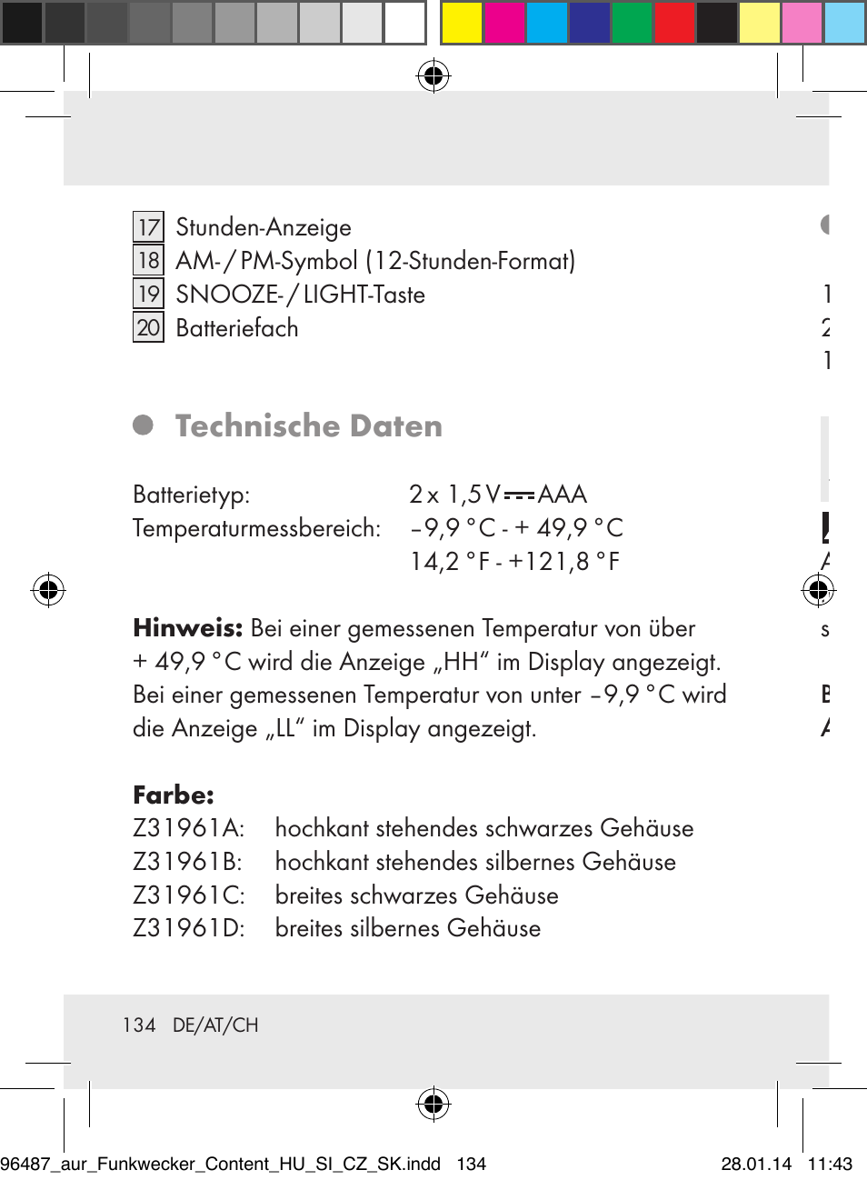 Technische daten, Lieferumfang, Sicherheit | Auriol Z31961 User Manual | Page 134 / 153