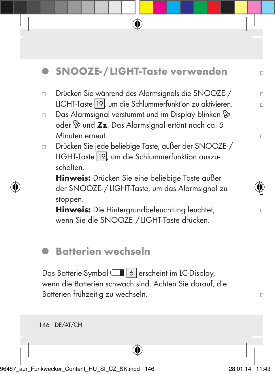 Snooze- / light-taste verwenden, Batterien wechseln, Fehlerbehebung | Auriol Z31961 User Manual | Page 146 / 153