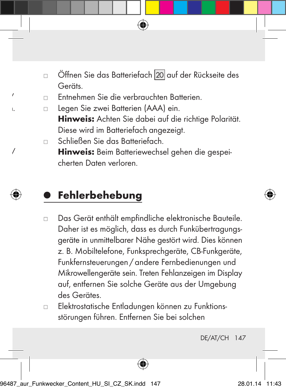 Snooze- / light-taste verwenden, Batterien wechseln, Fehlerbehebung | Auriol Z31961 User Manual | Page 147 / 153