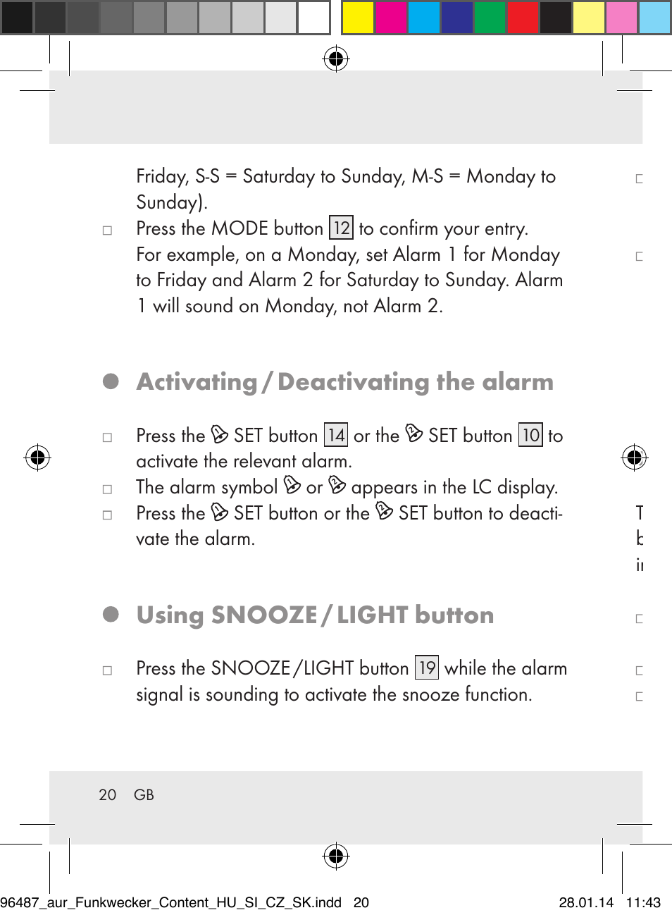 Activating / deactivating the alarm, Using snooze / light button, Changing the batteries | Auriol Z31961 User Manual | Page 20 / 153