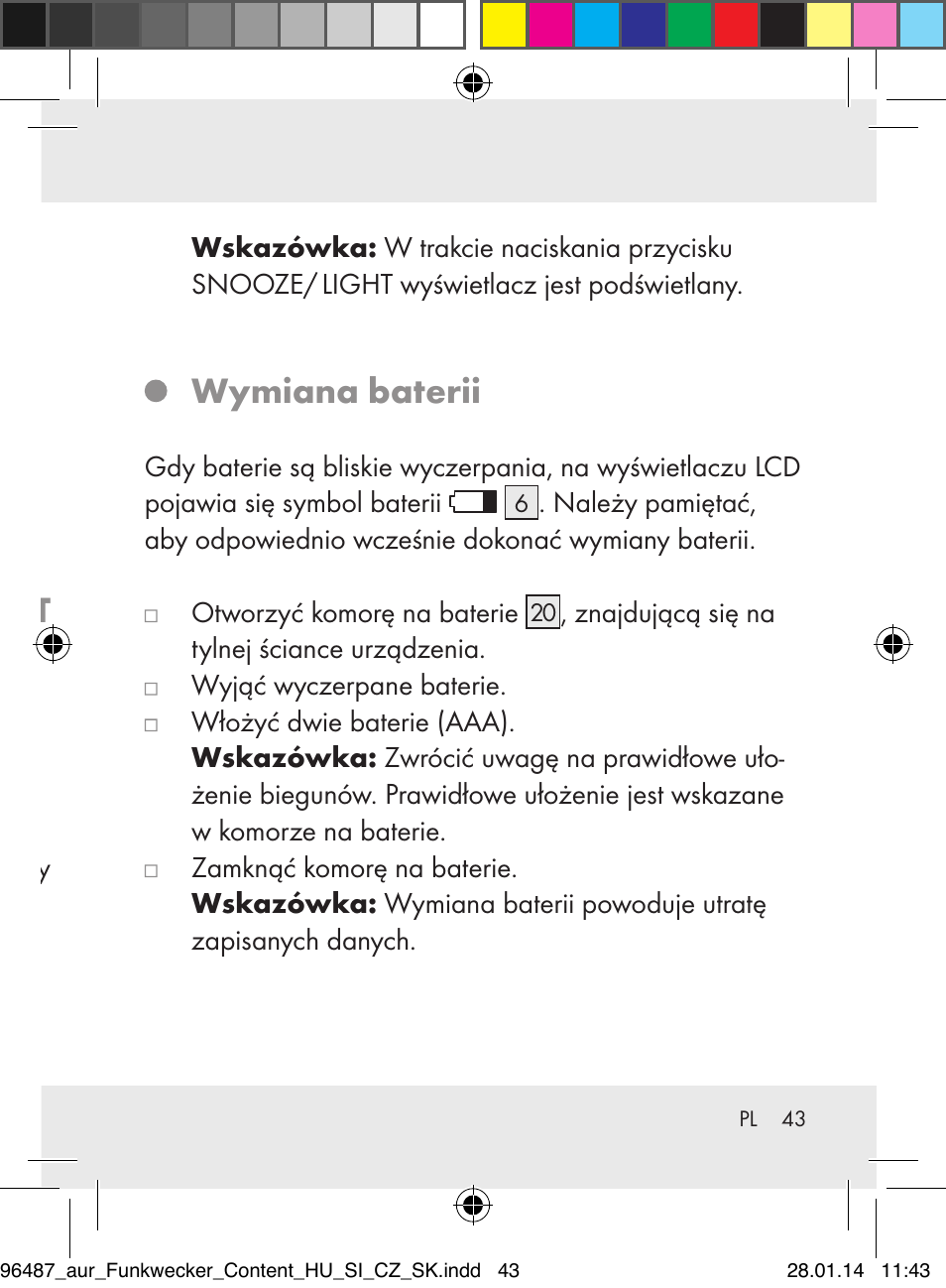 Aktywacja / dezaktywacja alarmu, Używanie przycisku snooze/ light, Wymiana baterii | Auriol Z31961 User Manual | Page 43 / 153