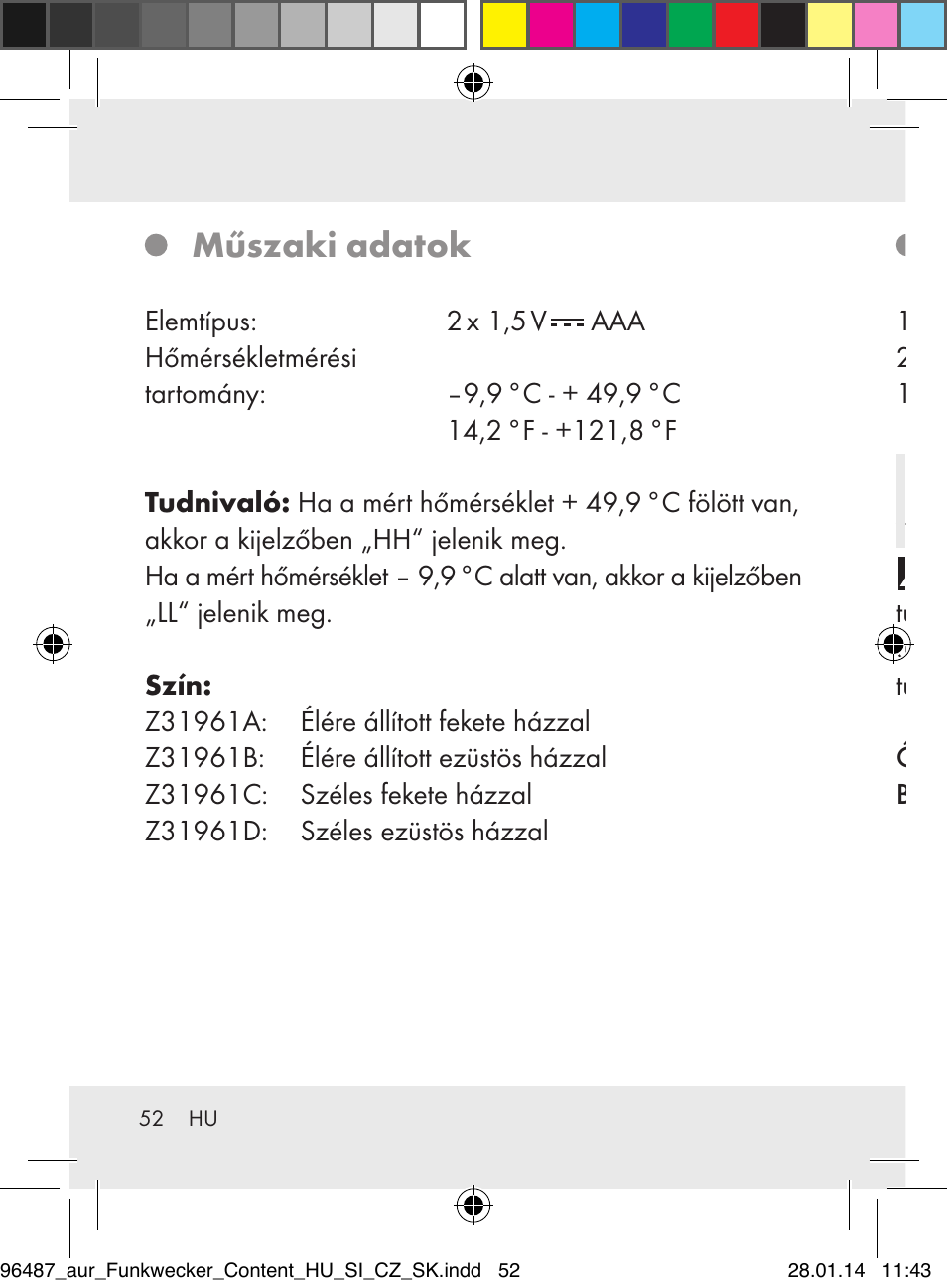 Műszaki adatok, Szállítási terjedelem, Biztonság | Auriol Z31961 User Manual | Page 52 / 153